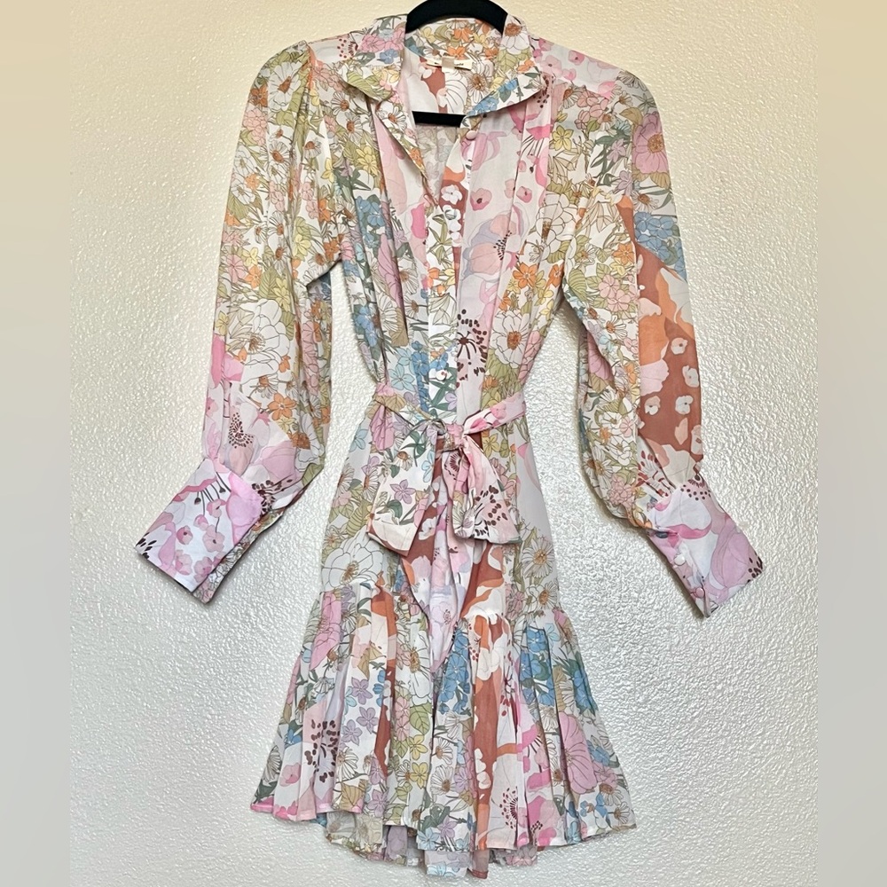 Pink Ripple Floral Garden Long Sleeve Shift mini Dress Size Small - Picture 14 of 15
